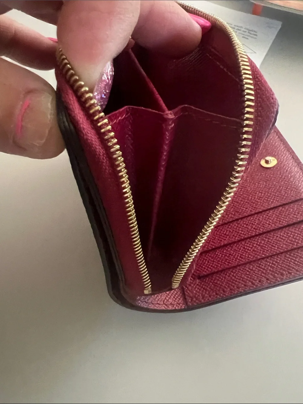 Louis Vuitton Monogram Card Case with Burgundy Pocket and Gold Logo